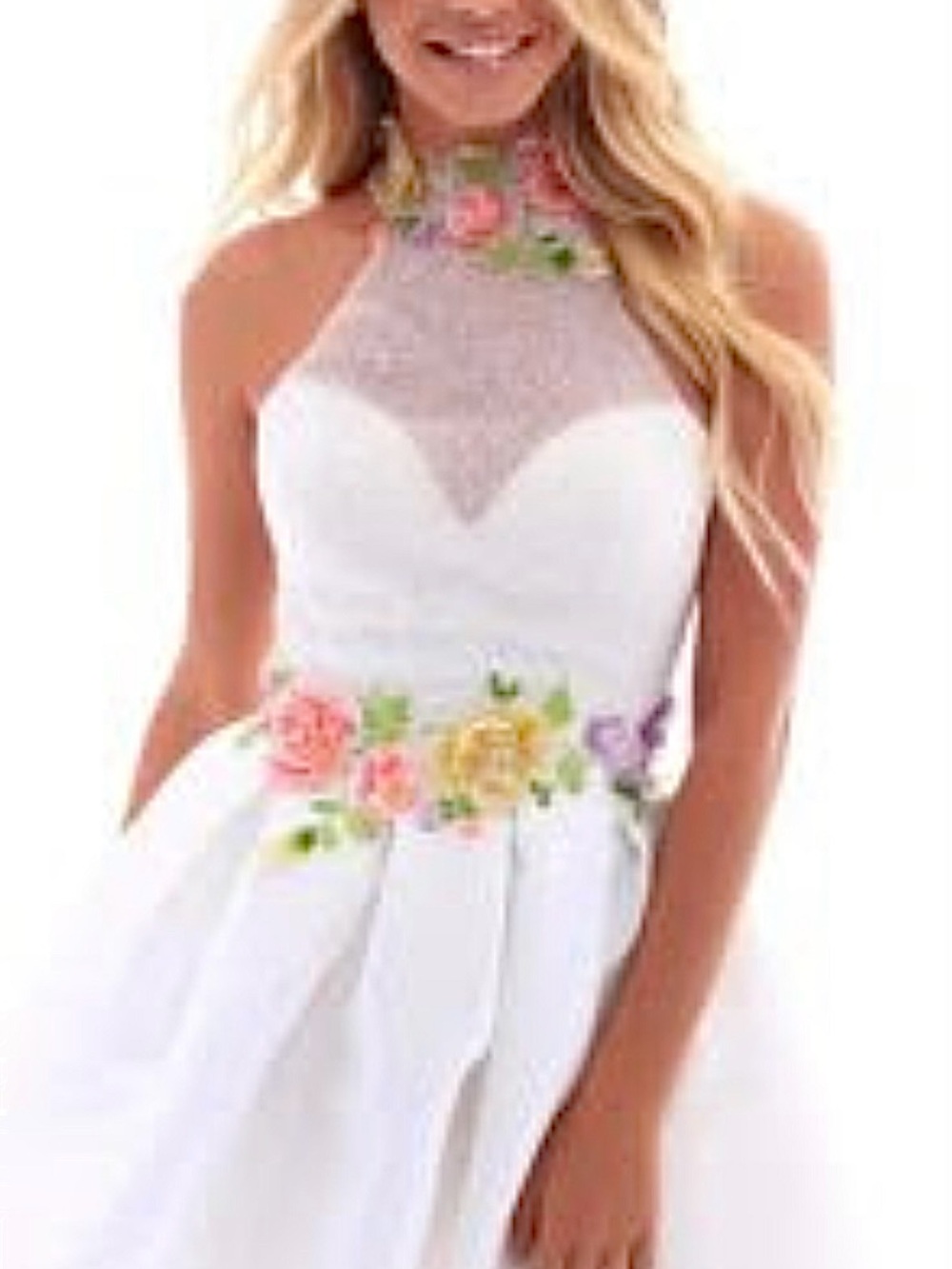 Tarik Ediz White Floral Halter Cocktail Dress